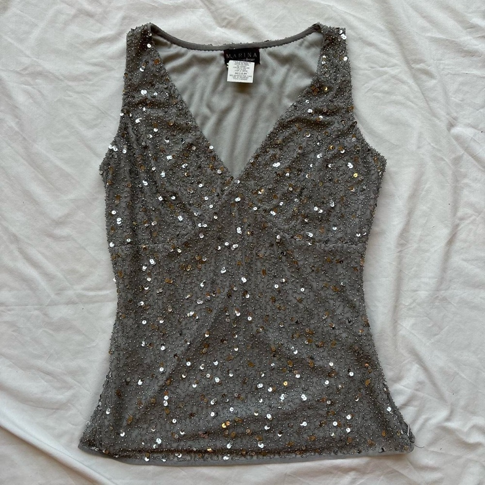 Marina vintage V Neck Sleeveless beaded sequin cami tank top